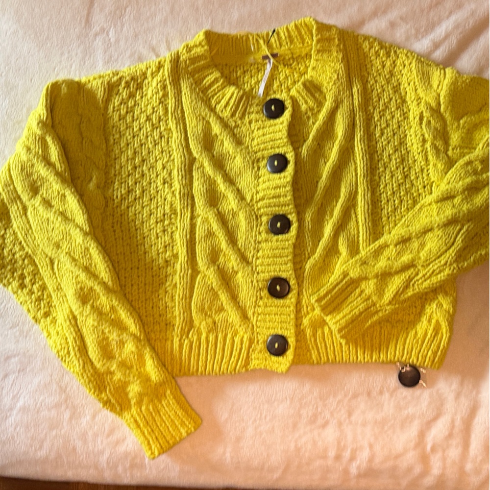 Free People Bright Yellow Cable Knit Cardigan